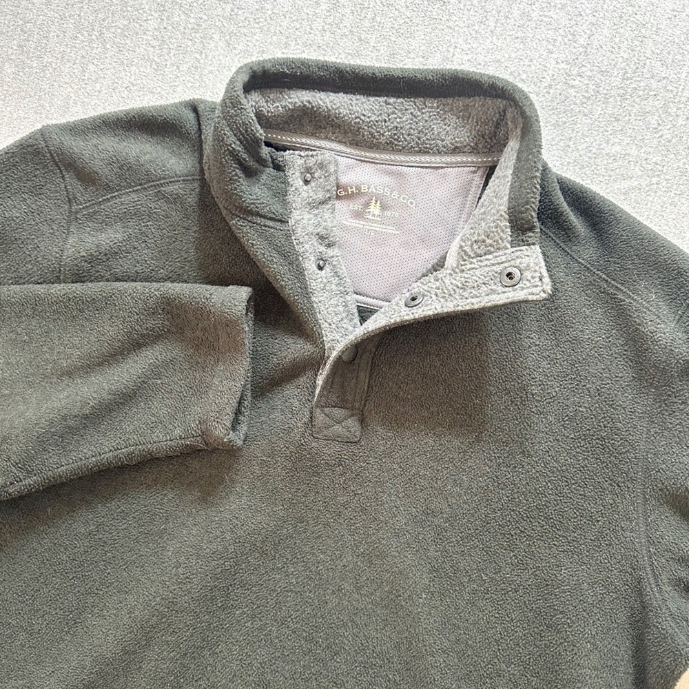 GH Bass Co Sweatshirt Mens Large Gray Fleece Pullover Sweater Snap Neck Warm